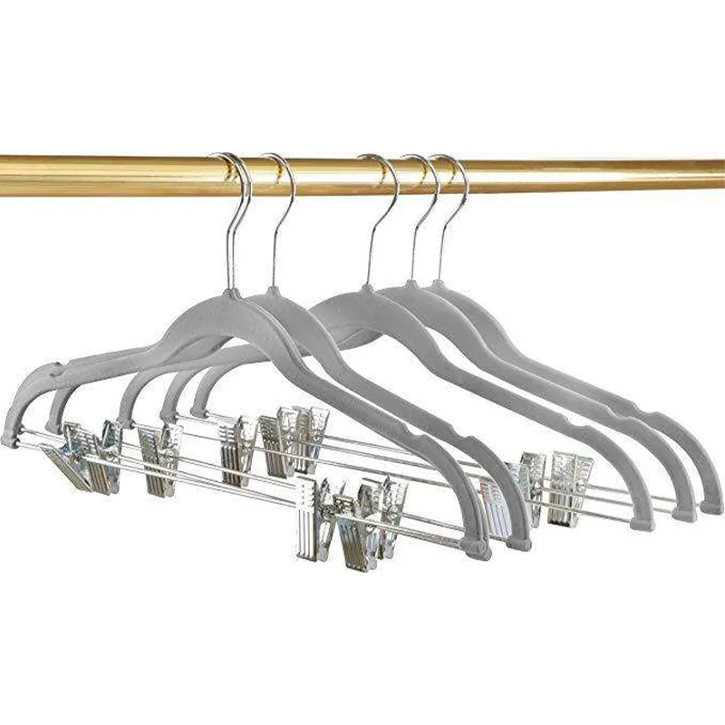 LEEKING Factory direct sale ultra thin no mark anti slip velvet hanger multifunctional flocking trouser rack with clip