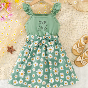 Kızlar için yaz elbisesi çocuk tam baskı etek Ruffled Trim eşleşen kemer örme ilham papatya - Product Image 1