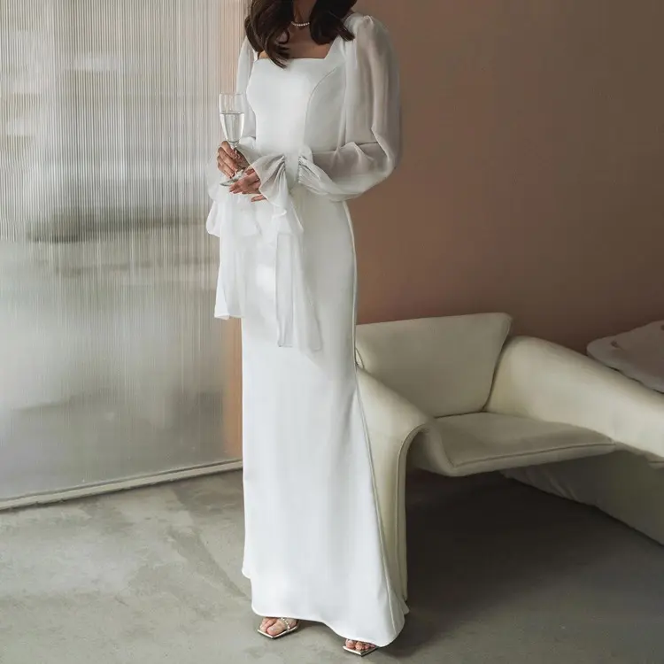 Enyami femminile romantico elegante maglia a manica lunga Sexy elegante drappeggiato bianco Maxi abiti da sirena donna