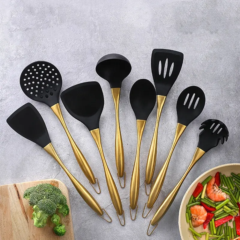 KINGWISE Premium Cooking Serving Utensil 304 Stainless Steel Gold 8 Pieces Set Silicone Kitchen Utensils
