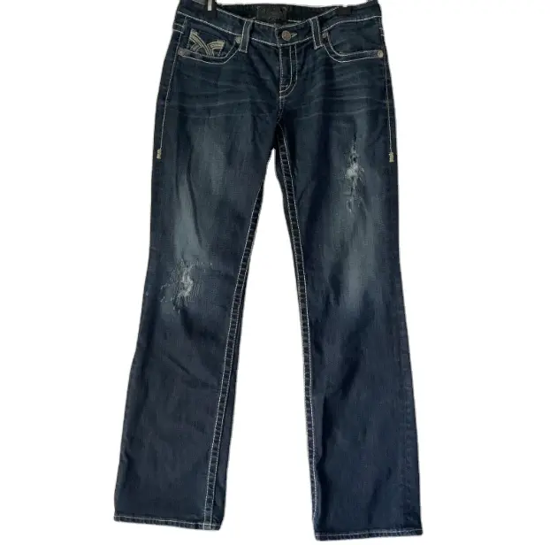 Novo estilo moda Fábrica preço por atacado jeans Bolso bordado queimado denim calças jeans calças para as mulheres