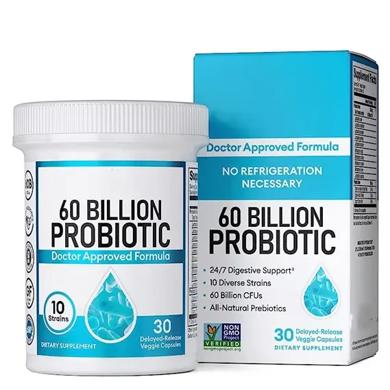 Cápsulas de probióticos OEM de etiqueta privada 60 mil millones de CFU - 10 cepas + prebióticos orgánicos Salud inmune, Digestiva e intestinal