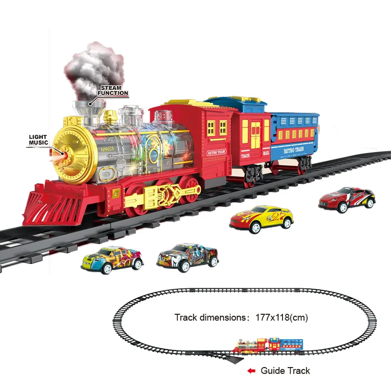 QS manifattura retrò classico fumo a vapore trasparente treno locomotiva 7 colori ruota elettrico ferroviario giocattoli con suono Spray