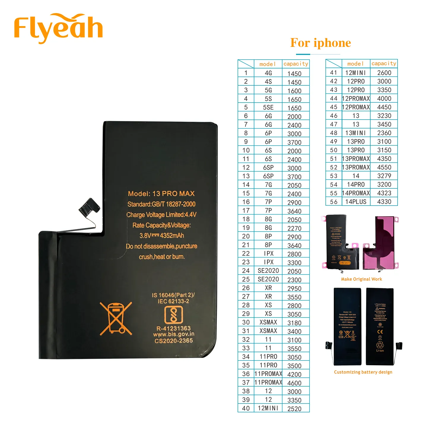 Batterie d'origine OEM pour batterie de téléphone 5 5s 6 6s se 7 7Plus 8 8Plus X XR XS Max 12 13 Pro Max