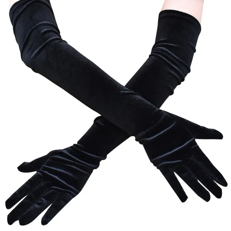 Accesorios de banquete de estilo Retro personalizados elasticidad otoño invierno cálido vestido de noche negro guantes de terciopelo 53CM guantes largos de mujer