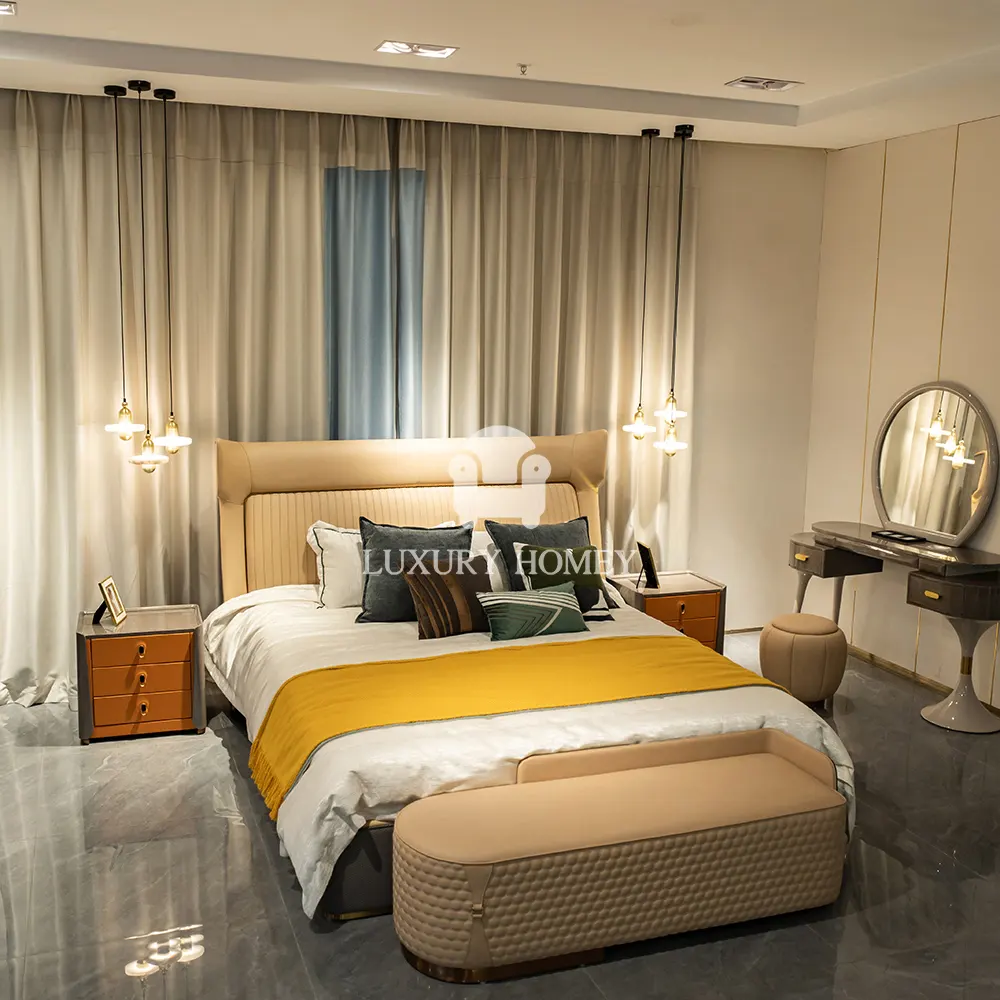 Diseño italiano de cama doble de lujo de alta gama, el último juego de dormitorio de madera moderno, muebles, juego de dormitorio de cabecera grande
