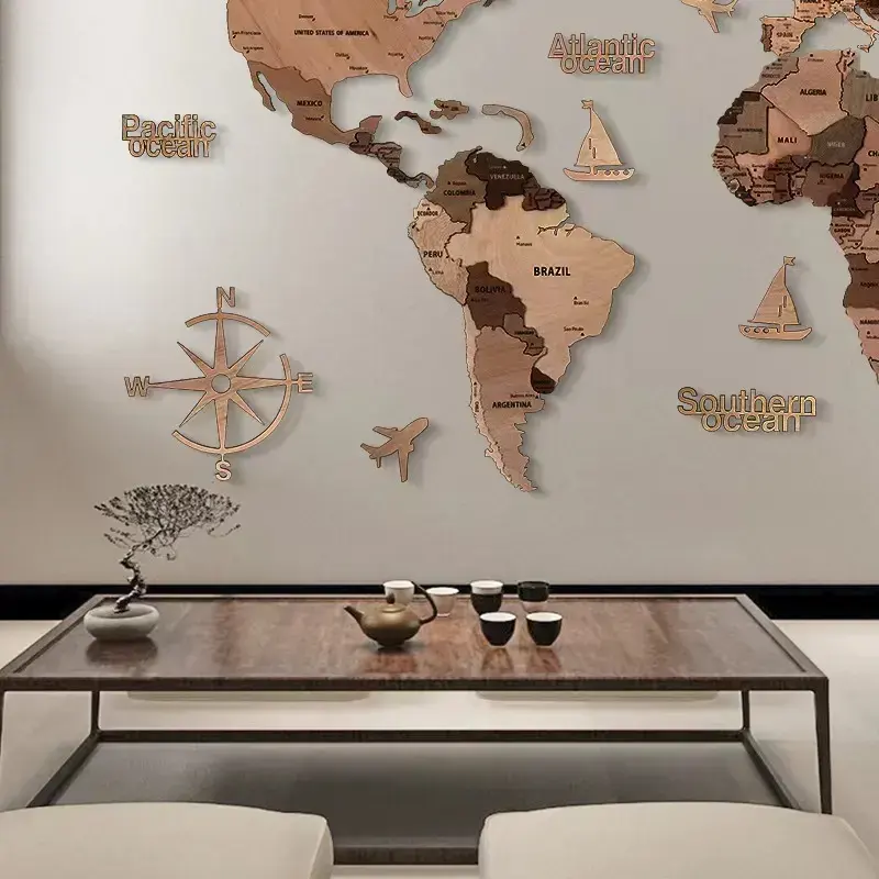 Mapa del mundo de madera 3D con retroiluminación, mapa de viaje mundial