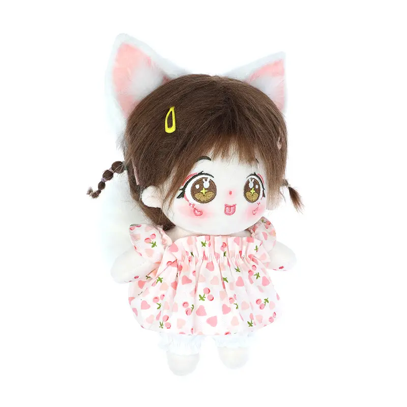 Traje de muñeca de algodón de 20cm, accesorios para muñeca con orejas de zorro de imitación, cola de Animal, vestido rosa