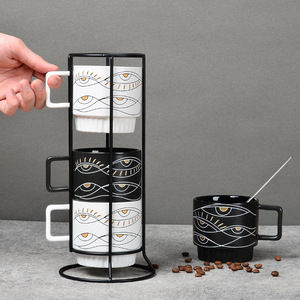 Ins图案陶瓷OEM陶瓷4件套堆叠咖啡杯定制马克杯带铁架 - Product Image 2
