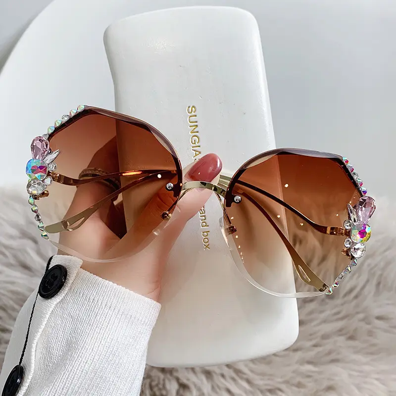 Óculos de sol feminino com lantejoulas retrô de luxo com diamantes e strass, óculos de sol com lantejoulas sem aro, moda de 2024