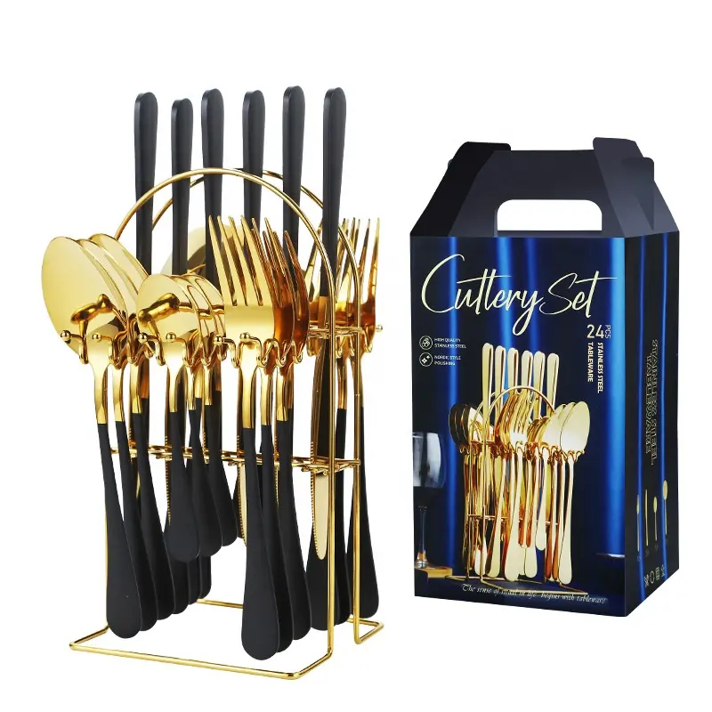 Gouden Bruiloft Bestek Geschenkdoos Verpakking Steak Rvs Mes Vork Lepel Matte Bestekset