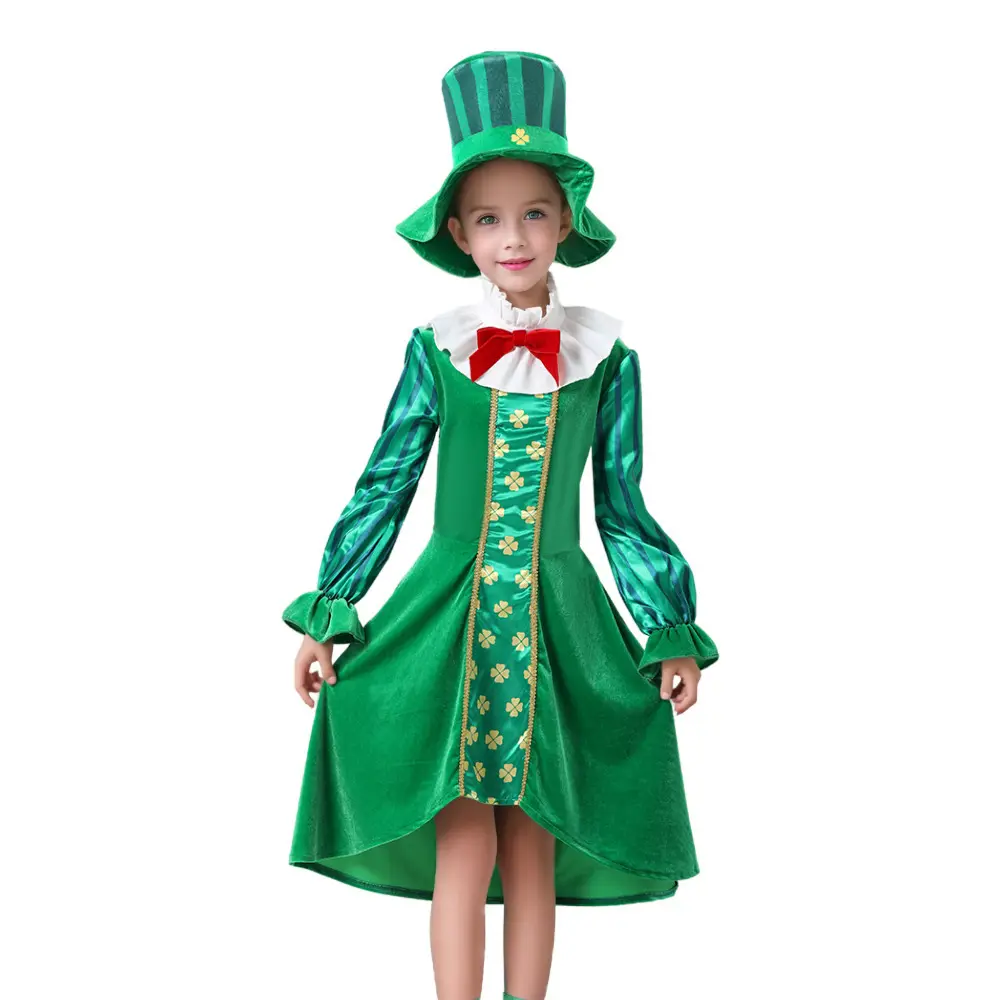 Traje de Halloween para performance de grupo de meninos e meninas, fantasia de luxo verde para leprechaun dia da Irlanda