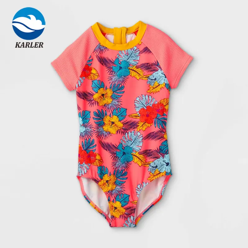 Fabricação de bebês meninas praia do mar poliamida grande stretch rosa floral zíper costas manga curta um peça rashguard terno de banho