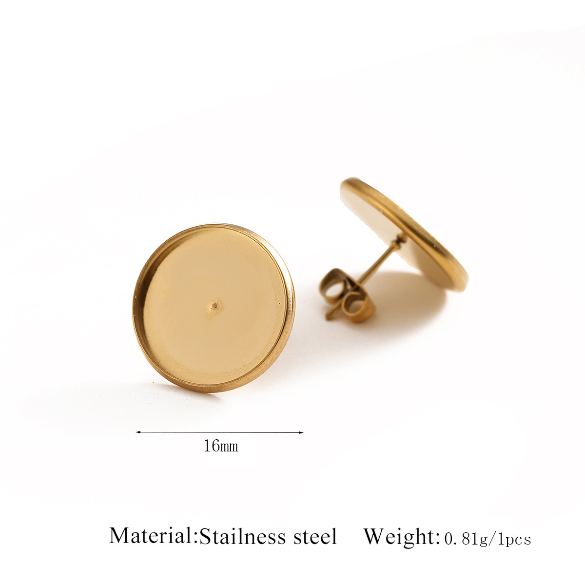 Disque doré de 16 mm avec tige à souder pour boucles d'oreilles.