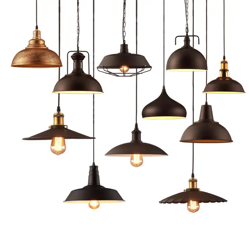 Lámpara colgante E27 de metal para el hogar, luminaria LED Industrial de color negro para Bar, restaurante, cocina, antigua y tradicional