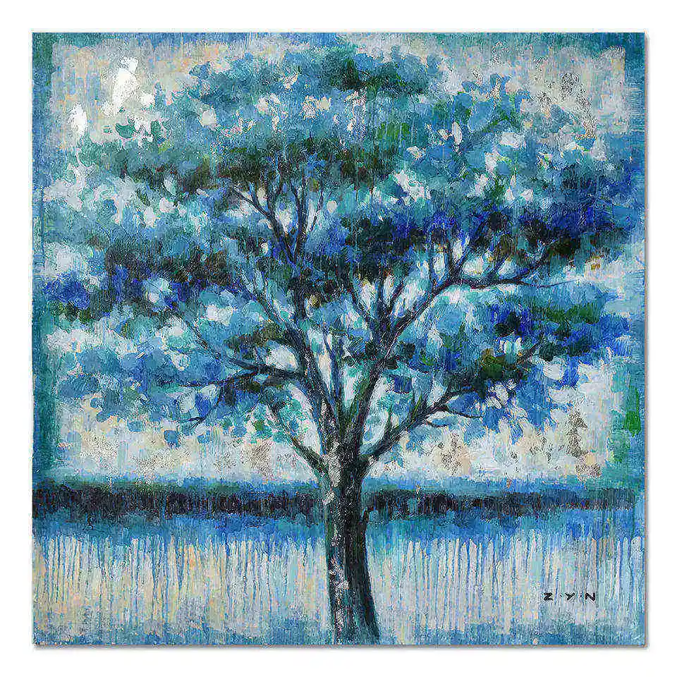 Pittura a olio dipinta a mano astratta di alta qualità di arte di lamina acrilica luminosa alberi blu rosa