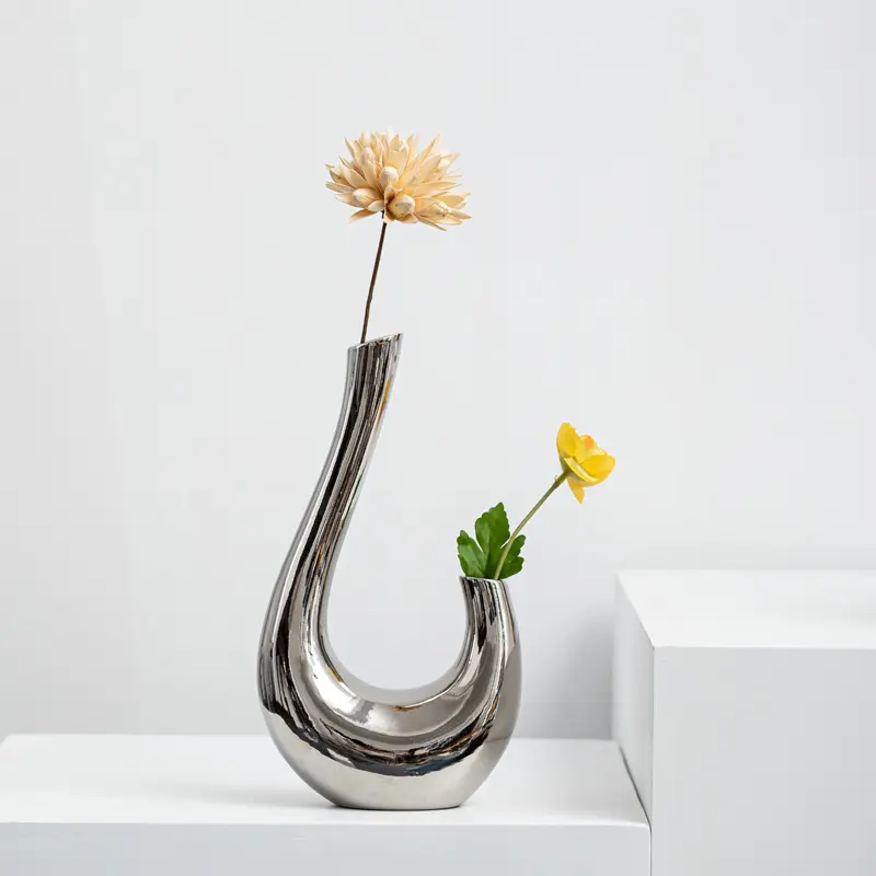 Adornos creativos para sala de estar, arreglo de flores secas, jarrón de cerámica Chapado en plata minimalista, jarrón de mesa de porcelana moderna