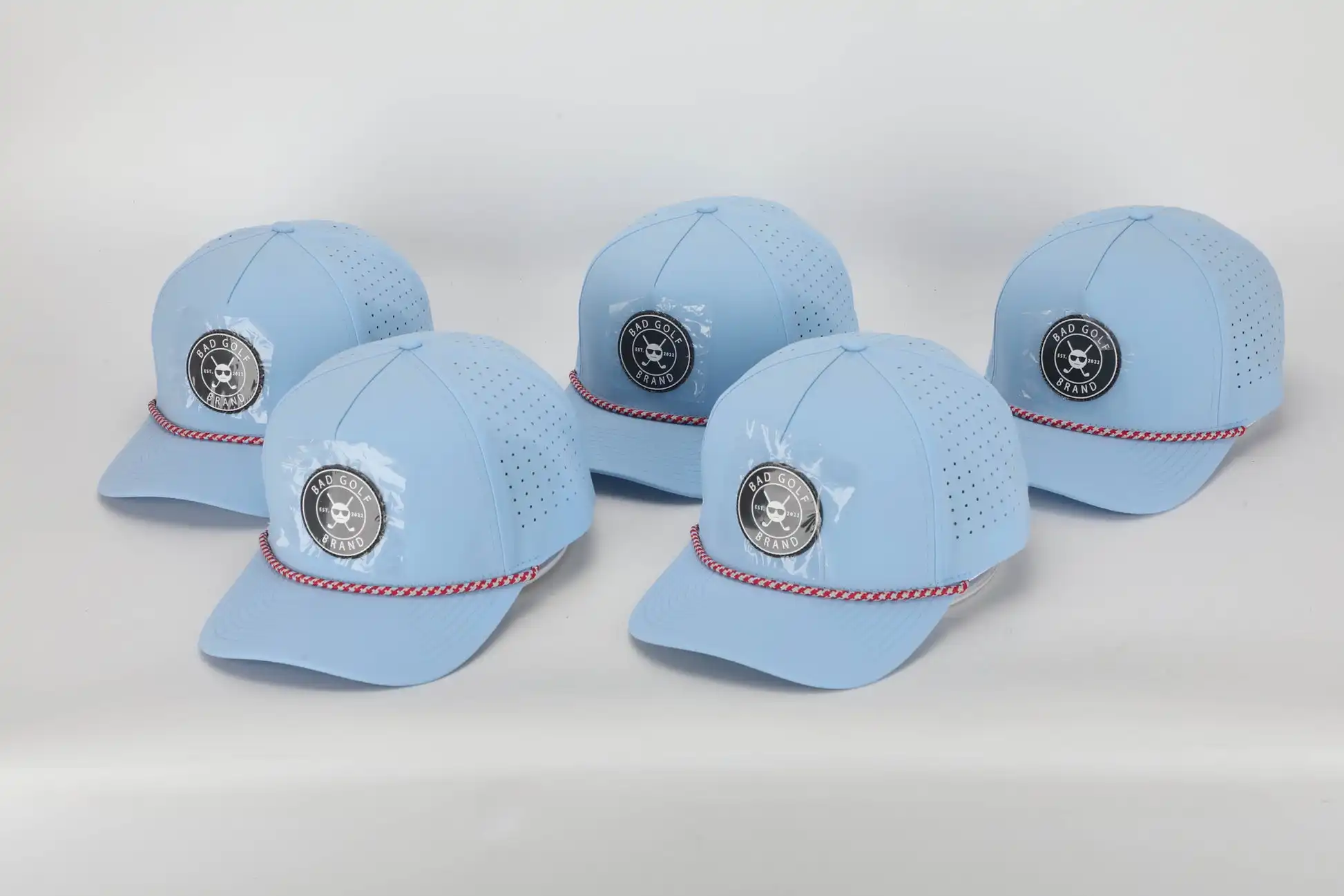 Nuovo stile personalizzato PVC Patch Logo 5 pannello impermeabile poliestere Sport cappello da Golf, taglio Laser traforato papà Gorras, corda berretto da Baseball