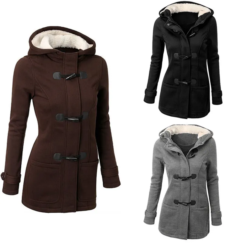 Las mujeres de invierno sudaderas con capucha chaqueta Plus tamaño a prueba de viento manga larga espesar cálido abrigo hebilla delantera Parka con capucha ropa de abrigo