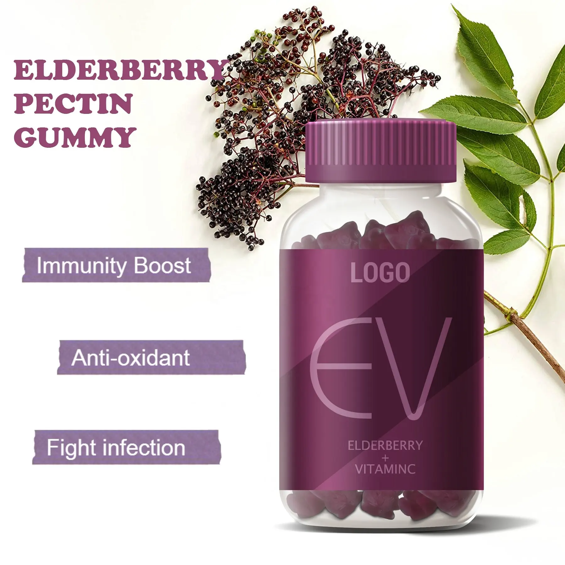 Veganer Sambucus Black Elder berry plus VC Dietray Ergänzung Immun Ashwagandha Gummy LUTEIN