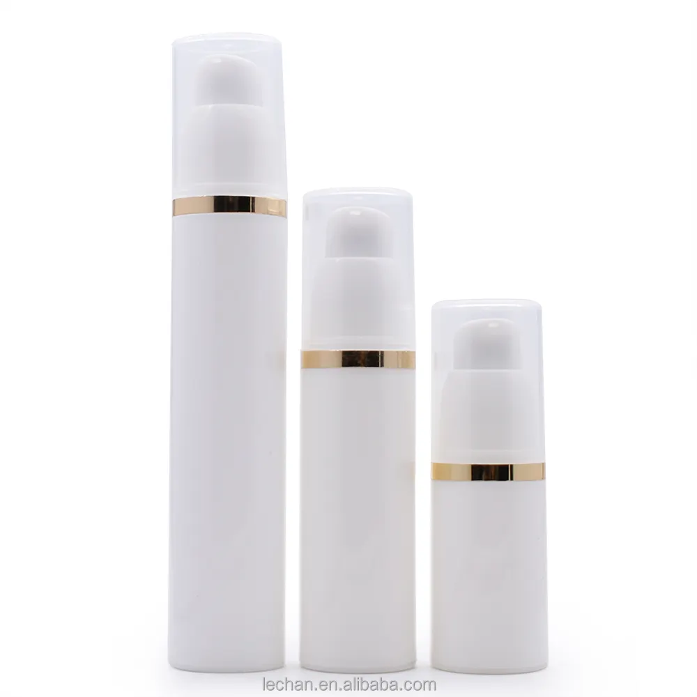 Bouteille cylindrique de luxe 1oz, 15ml, 30ml, 50ml, en plastique pp blanc, pompe sans air, pour crème pour les yeux, avec ligne argentée dorée, bouchon transparent