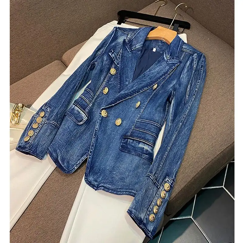 New Arrival Jeans Coat Double-breasted Long Sleeve Jacket Women Fashion Streetwear Denim Blazer
