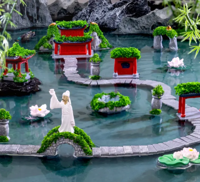Çin tarzı bahçecilik bonsai koleksiyonu bahçe oyuncaklar insan figürleri minyatür insanlar köprü kulesi ördek kuğu rockery pavilion