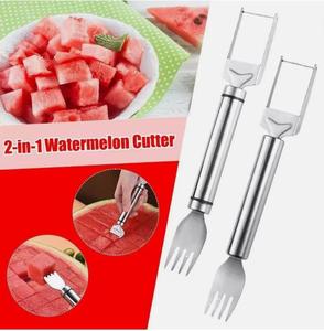 2 in1 paslanmaz çelik karpuz çatal dilimleme kesici meyve kesici aletler paslanmaz çelik meyve çatalı kavun küp kesici - Product Image 2
