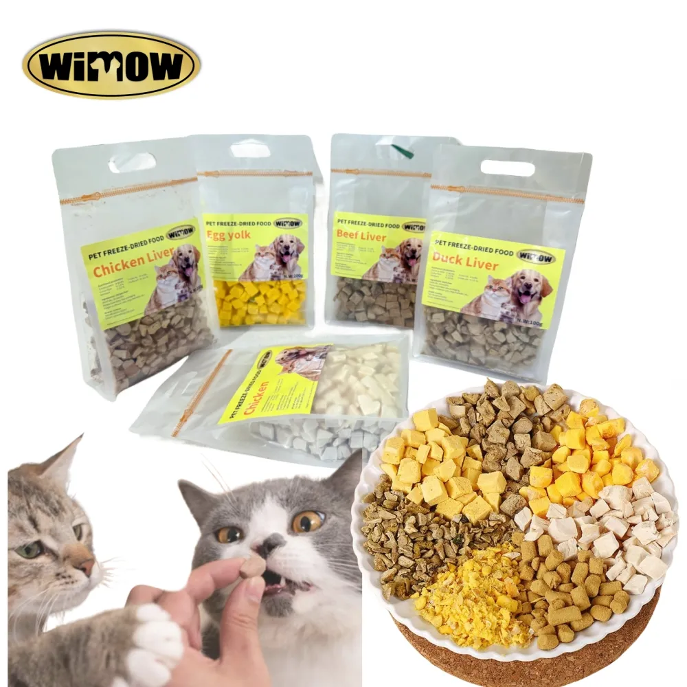 WIMOW 100 g Lachs fleisch Hühnerwürfel Entennart getrocknet Fisch Katze verwöhnen Hund Snacks gefrieren trockenes Haustierfutter