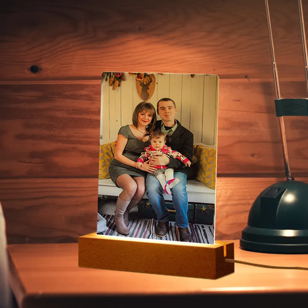 PYD Vida Atacado Acrílico Photo Frame Com Led Light Wood Base Diy Personalizado Presente De Natal Acrílico Sublimação Foto Bloco