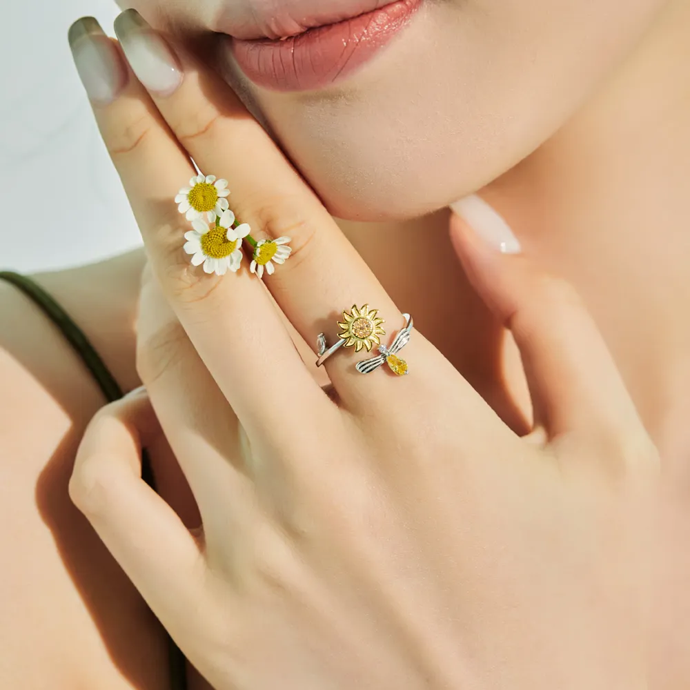 Dainty Dichroic Plating 925 Sterling Silver Sunflower Bee Shape Adjustable Open Anxiety Spinning Rings for Women