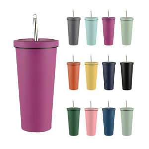 Tüm satış 500ml 700ml özelleştirilmiş çift duvar vakum yalıtımlı kupa paslanmaz çelik içecek pipetli bardak