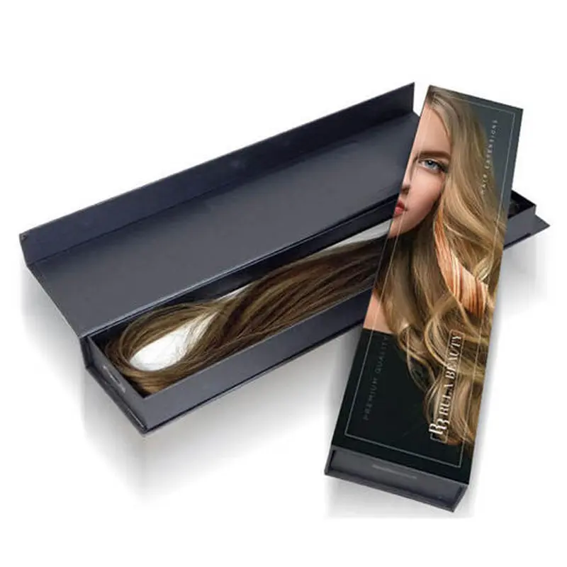 Siyah toptan Premium saç uzatma kutusu pvc ambalaj özel logo sert lüks hediye kağıdı kurdelalı kutu saten ve topuzu