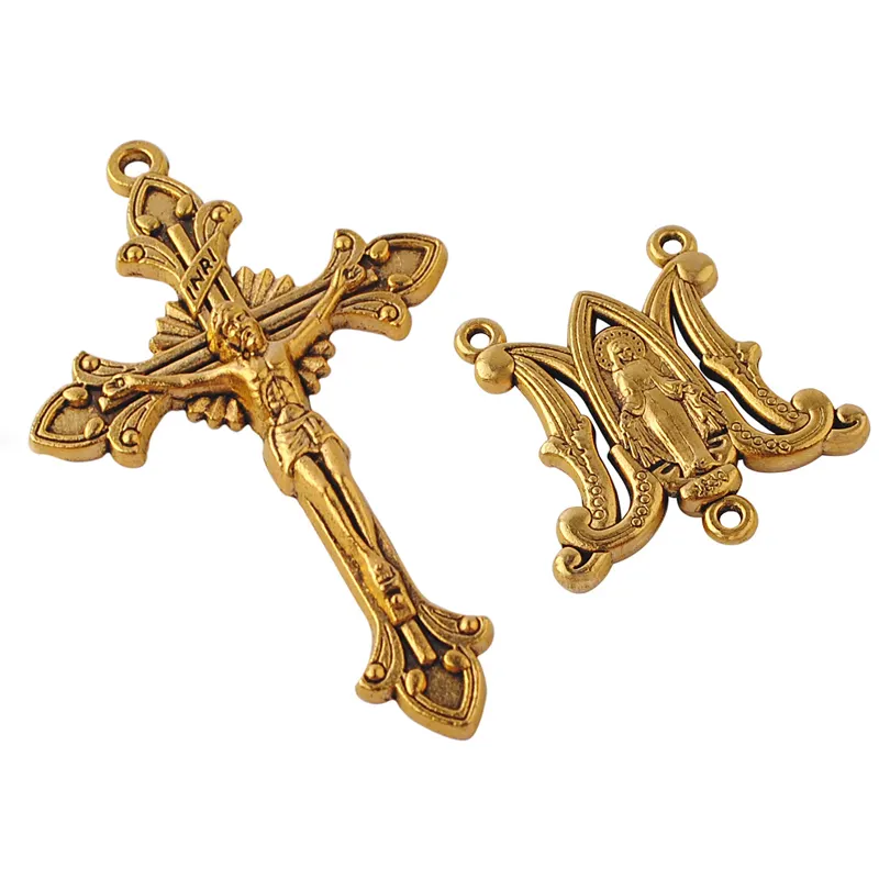 26*26mm Vierge Marie pièce maîtresse et 33*53mm crucifix pendentif ensemble de médailles en anti-or pour religieuse catholique perles fabrication du chapelet