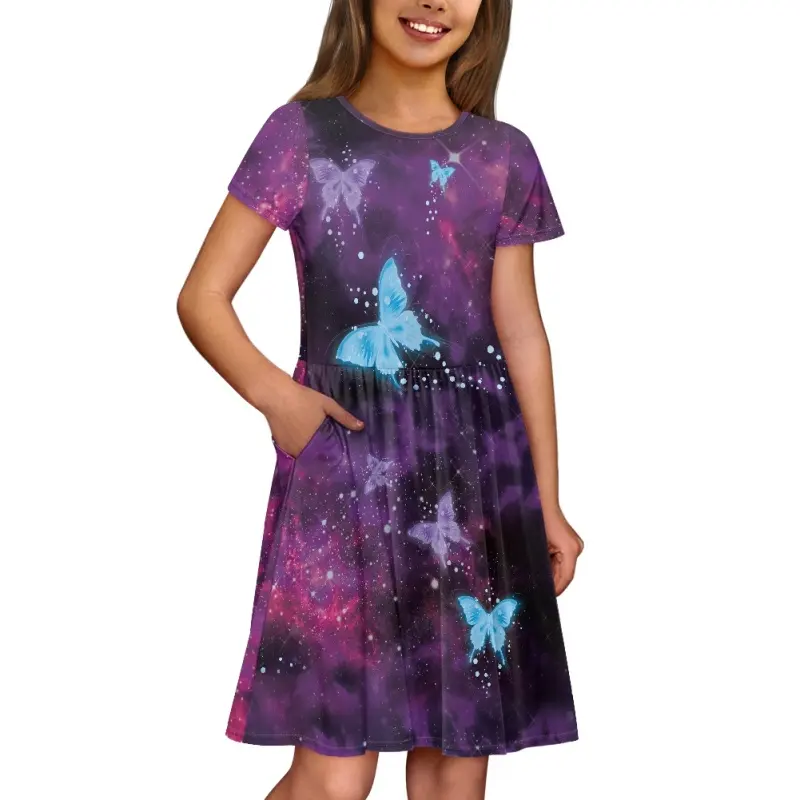 Animal mariposa misterioso cielo estrellado galaxia patrón niñas Vestido de manga corta de alta calidad logotipo personalizado bolsillo falda barato