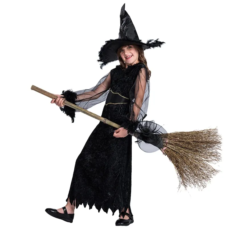 kids Halloween carnival cosplay broom witch suit costumes