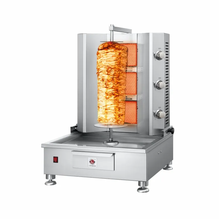Neue 4-Flammen-Tischplatte Automatische Gas-Döner-Kebab-Maschine aus gebürstetem Edelstahl für die Fleisch-und Shawarma-Produktion