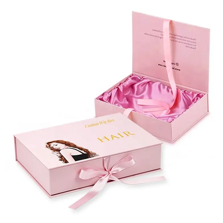 Caja de Peluca de regalo plegable lazo cinta embalaje extensión de pelo Rosa negro de lujo personalizado con logotipo