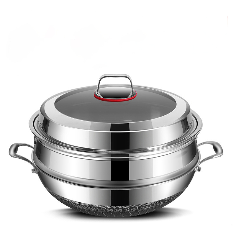 Wok argenté avec couvercle et panier vapeur