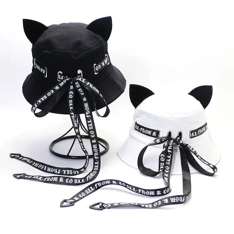 Kore moda alfabe uzun ipek kurdele güneş koruyucu kova şapkalar kedi kulakları ile katlanabilir pamuk balıkçı kap