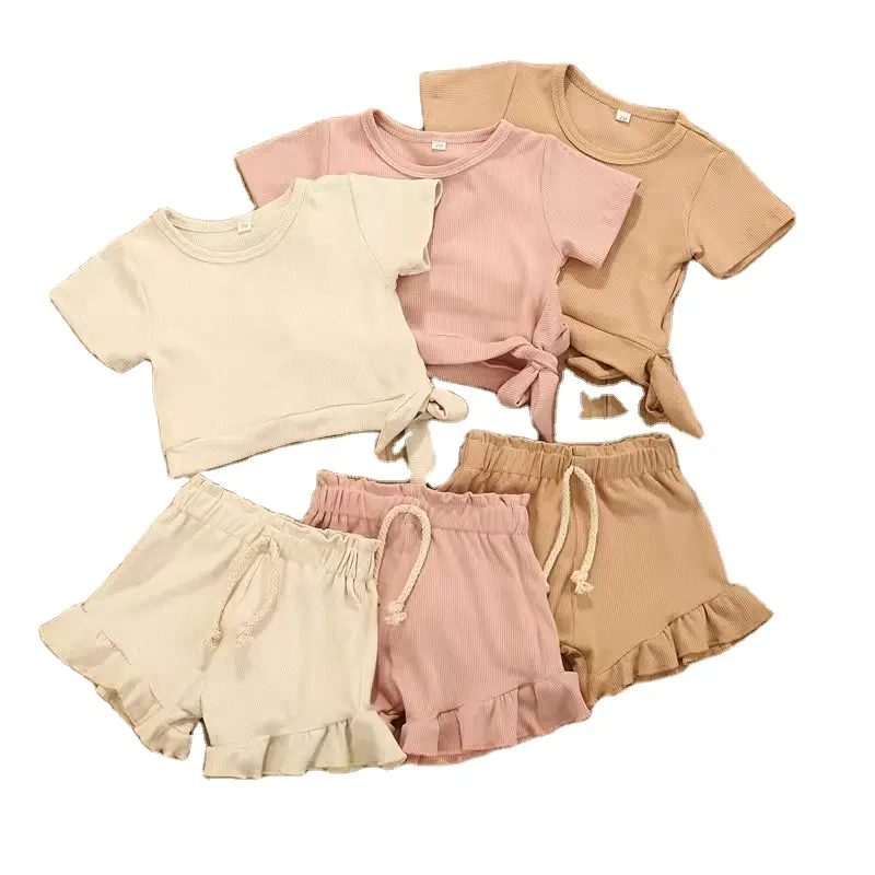 夏の女の赤ちゃんキャンディーカラーリブトップスブルマ衣装ブティック幼児2個子供服セット