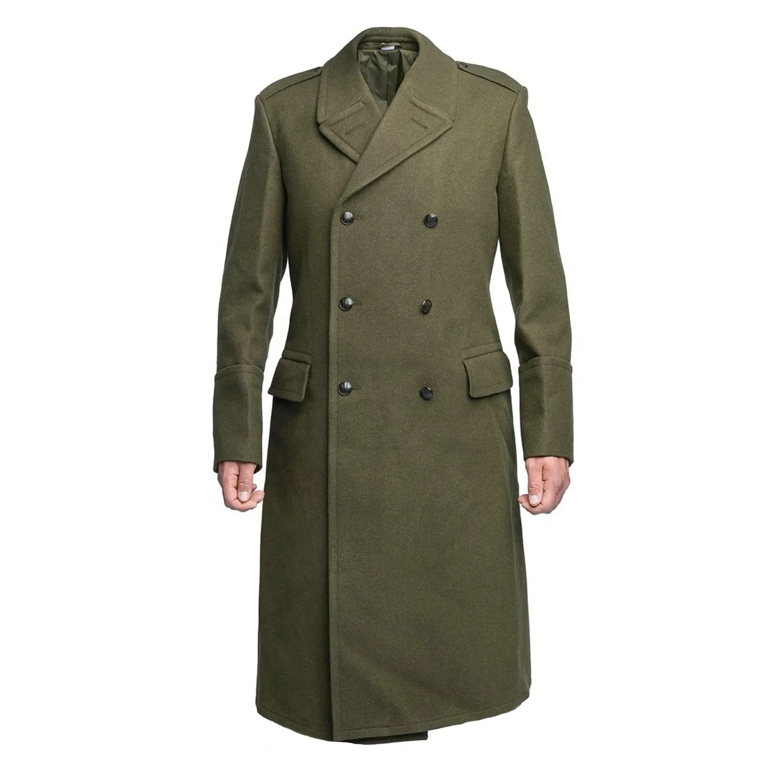 Trench-coat pleine longueur en laine mélangée de qualité supérieure pour hommes, manteau d'hiver à double boutonnage, revers cranté, officier à pois, vert armée