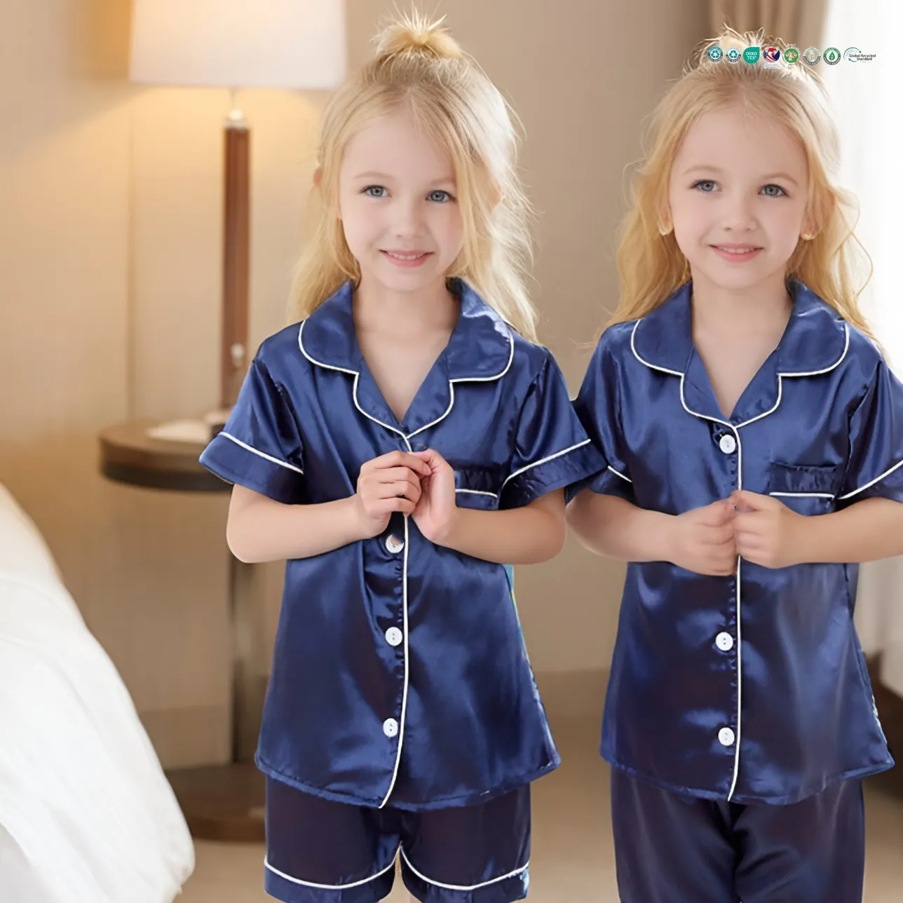 wholesale children clothes set kids summer short sleeve sleepwear satin silk girls pajamas