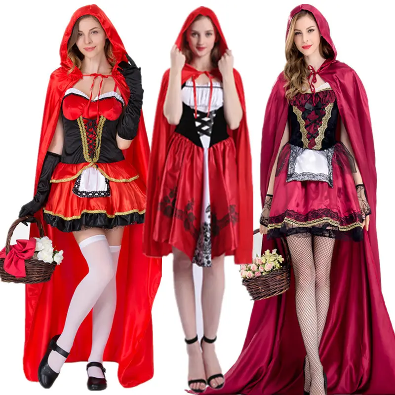 Kostum cosplay wanita, gaun panggung cosplay Ratu klub malam bertudung berkendara merah kecil seksi Halloween