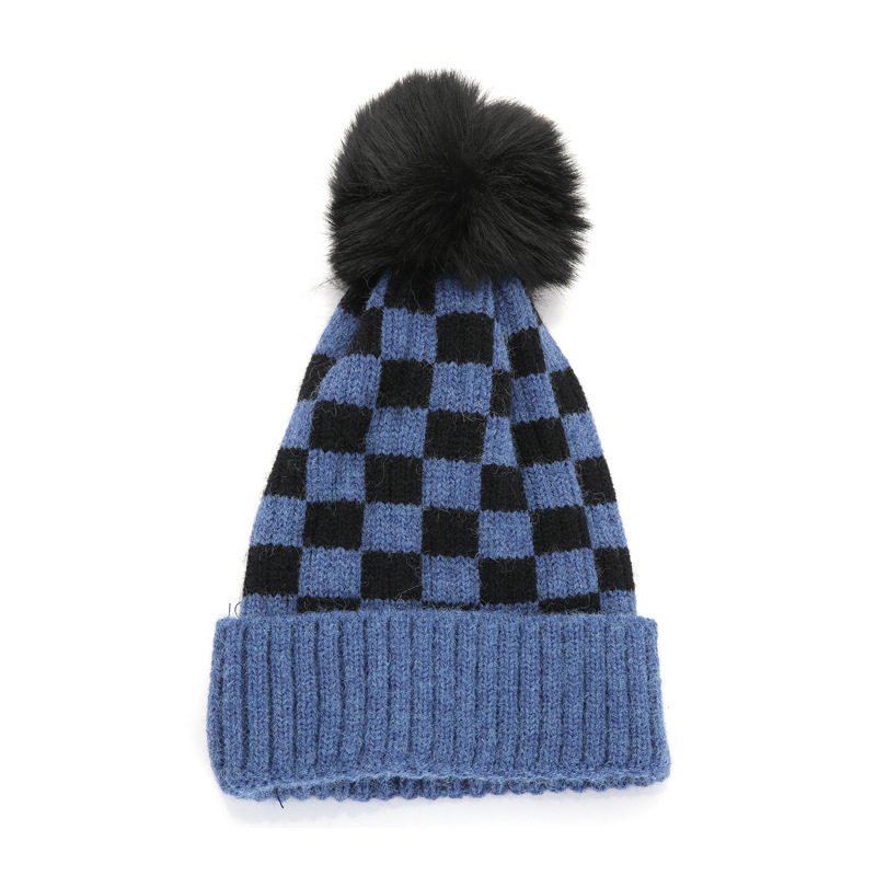 Blue Checkerboard Kids Knit Hat Beanies With Pom Pom
