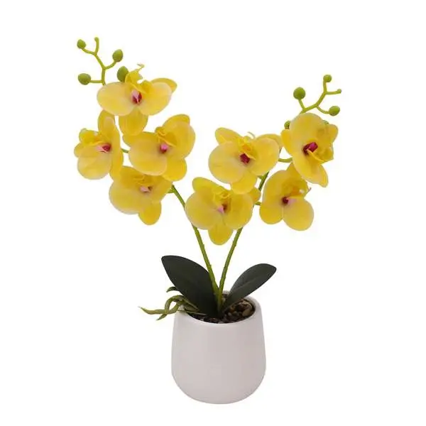Producto popular de Tizen, planta de tela amarilla, flores artificiales en maceta para decoración de sala de bodas interior