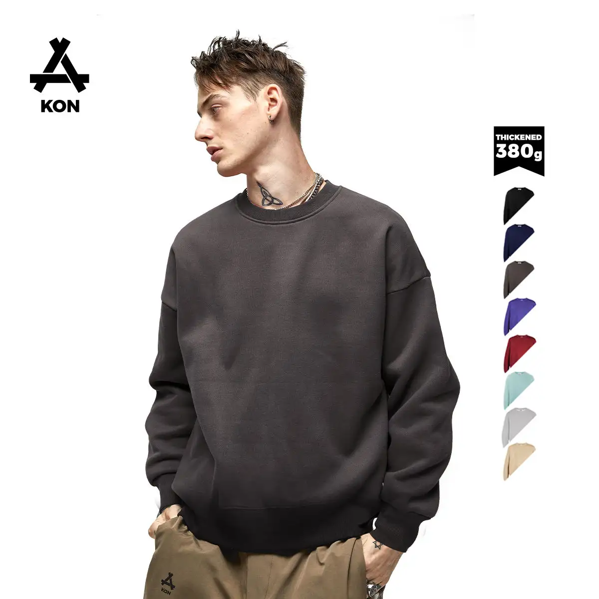 400Gsm Dik Hoge Kwaliteit Heren Effen Sweatshirt Custom Oversized Heren Trui Met Ronde Hals En Hoodies