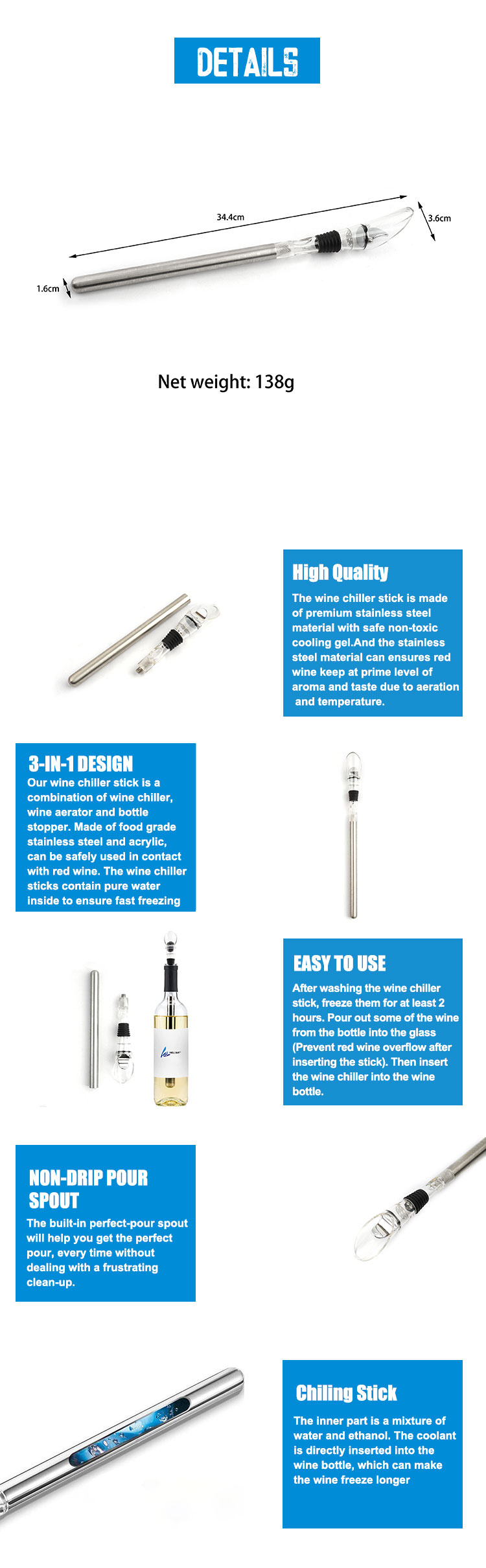 Bar Accessories Stainless Steel Rapid Instant Iceless Bottle Freezer Cooling Cooler Wine Chiller Stick