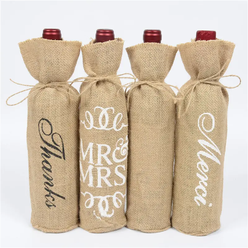 बर्लेप शराब बैग शराब उपहार बैग Drawstrings के साथ एकल रस्सियों के साथ पुन: प्रयोज्य जूट शराब की बोतल को शामिल किया गया