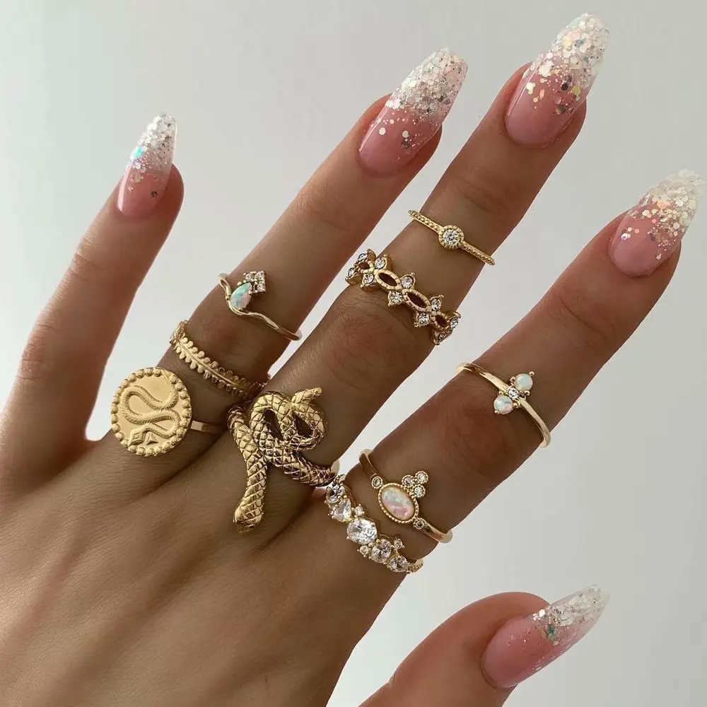 2020 anéis de cobra geométrico dourado, anéis cristal de diamante strass folha de casamento conjunto de jóias